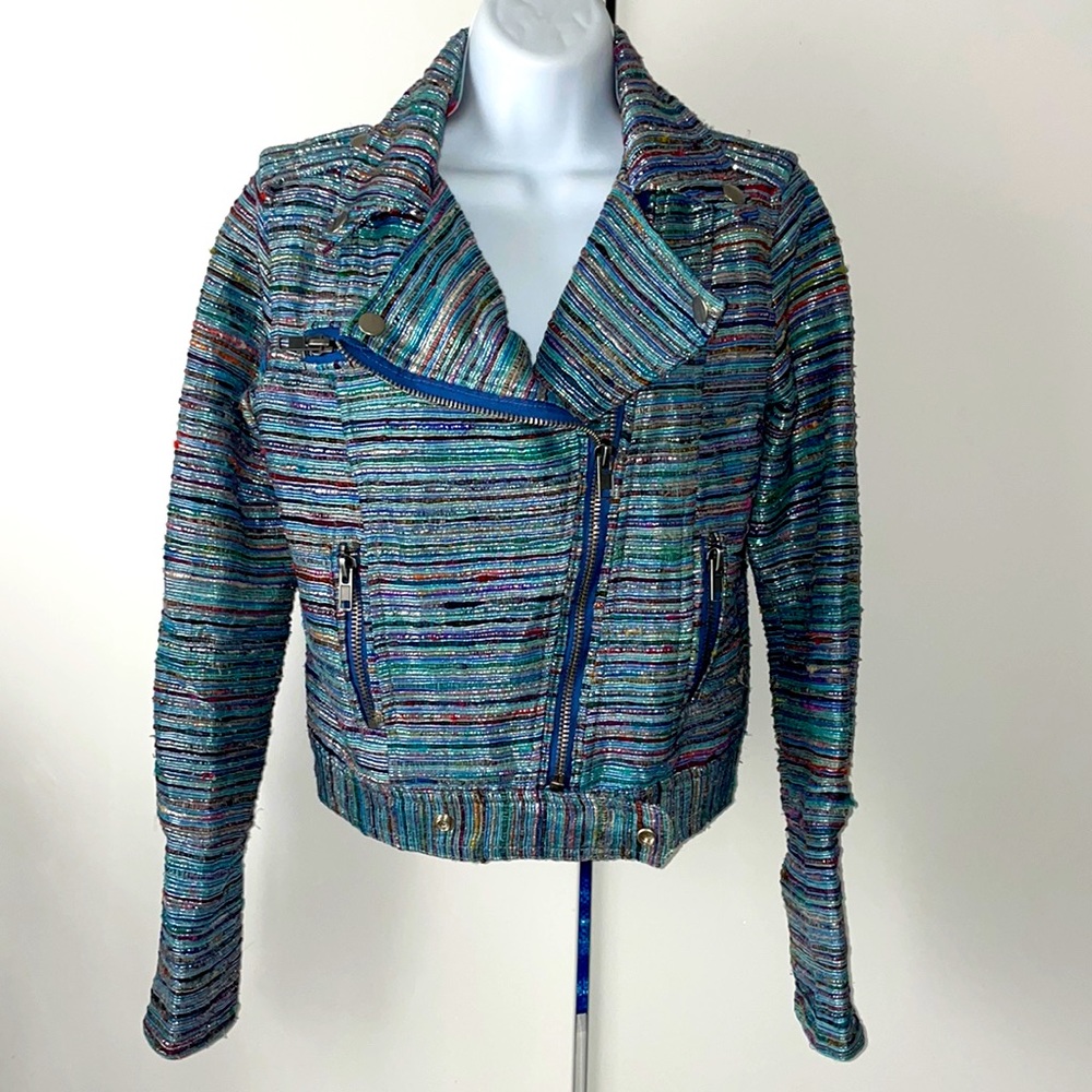 Rare Chaser metallic blue textured woven moto biker jacket small